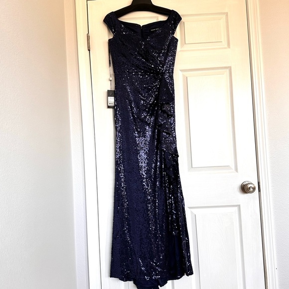 NWT TADASHI SHOJI SEQUIN OFF THE-SHOULDER GOWN NAVY PARTY FORMAL METALLIC   XS - Picture 5 of 14